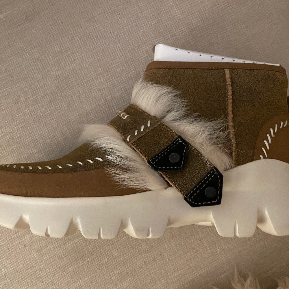 UGG Women's Fluff Punk Chunky sole Ankle Boot Chestnut Suede Fur Trim